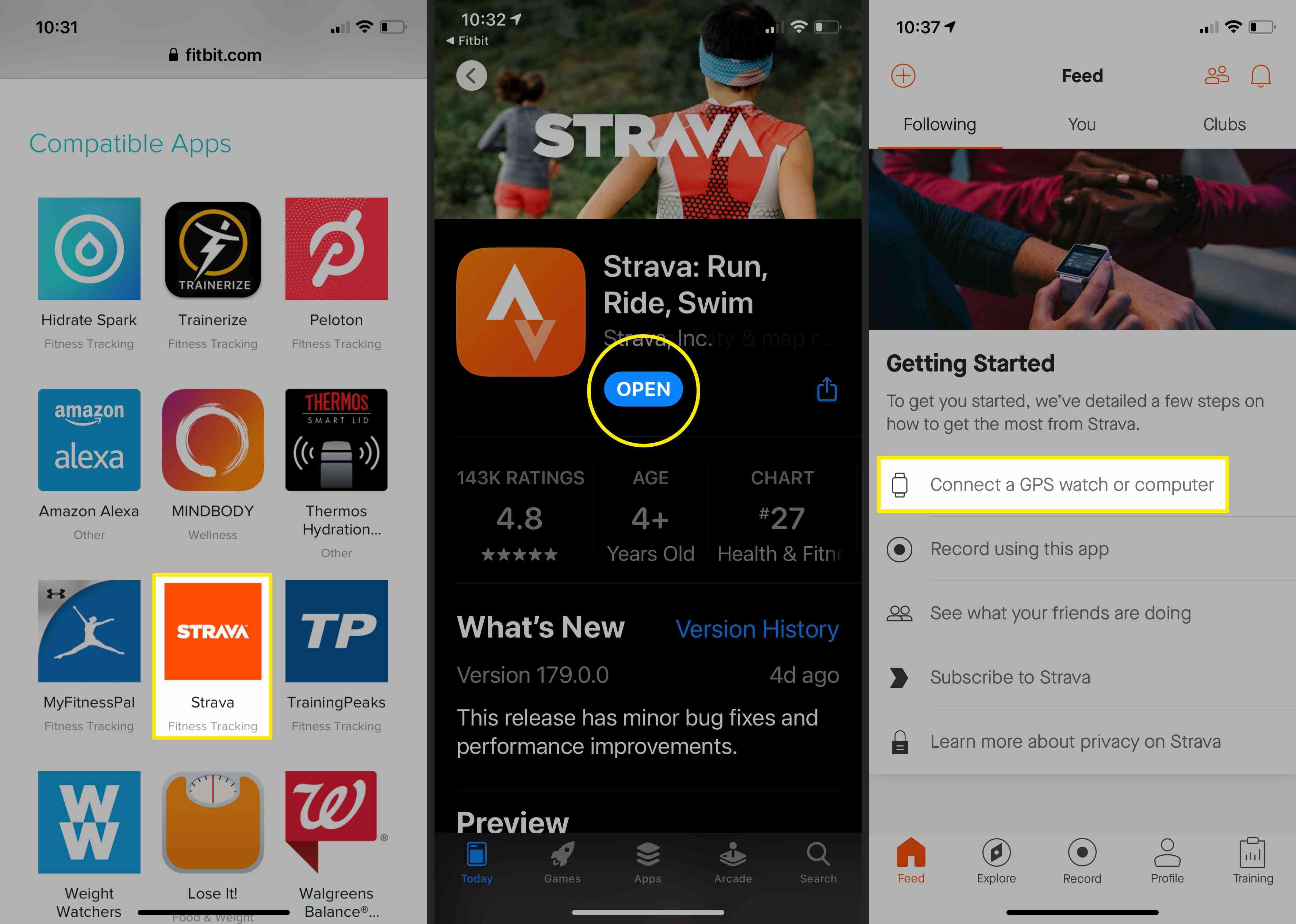 Screenshoty k otevření aplikace Strava z webu Fitbit.com.