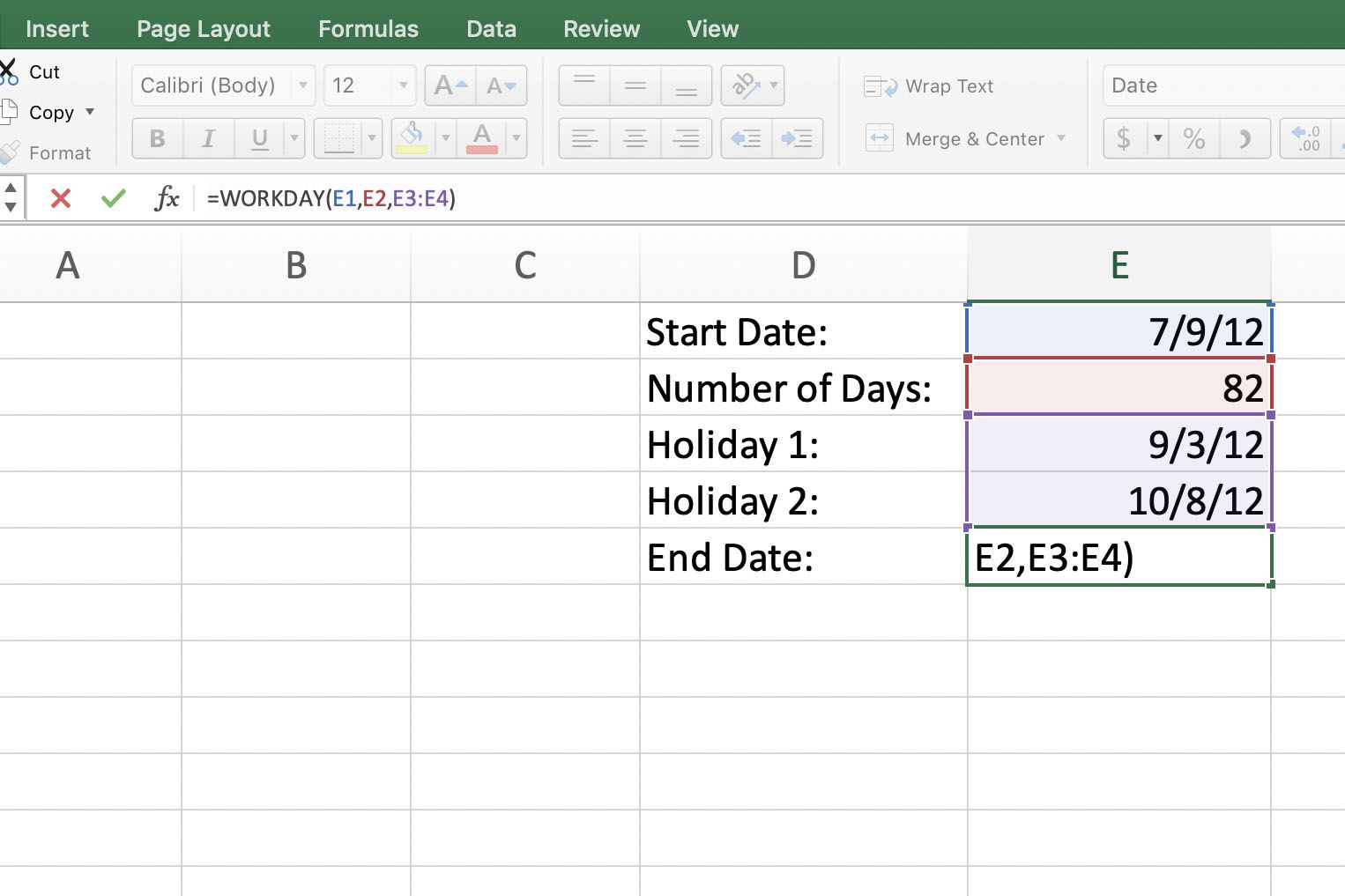 Excel s funkčními parametry WORKDAY