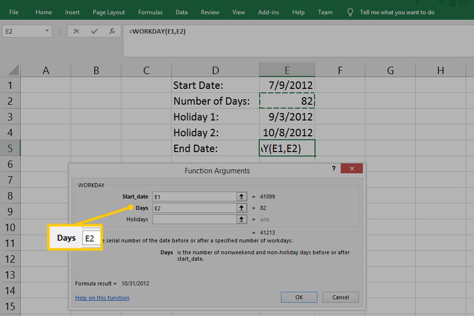 Textové pole Dny s E2 zadaným v aplikaci Excel