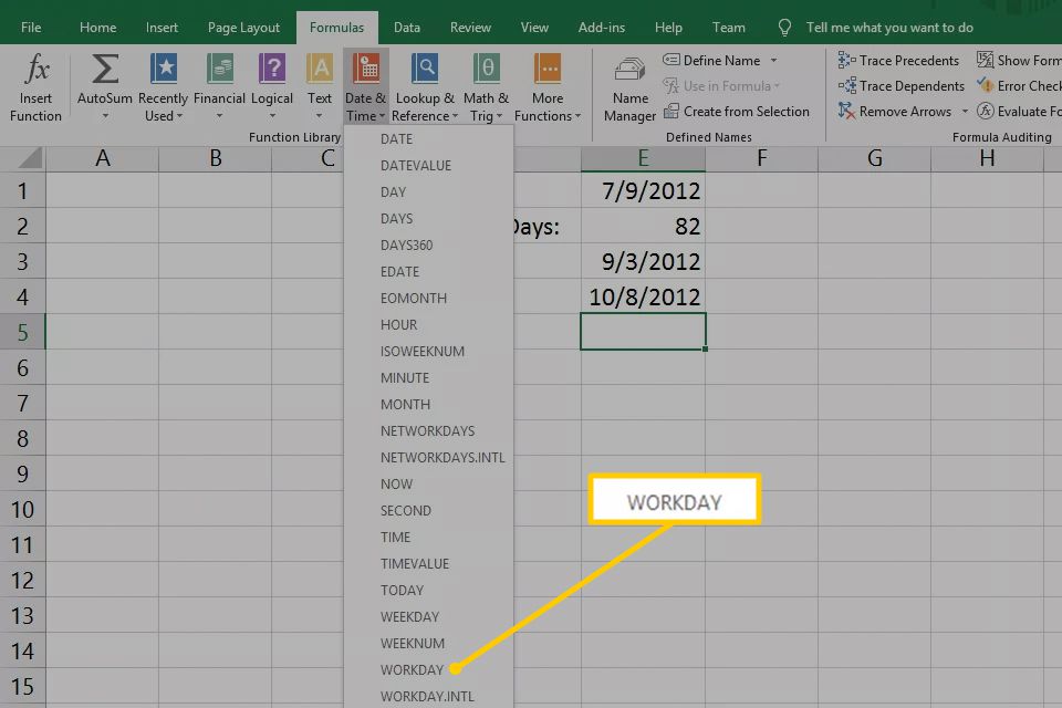 Položka nabídky WORKDAY z tlačítka Datum a čas v aplikaci Excel