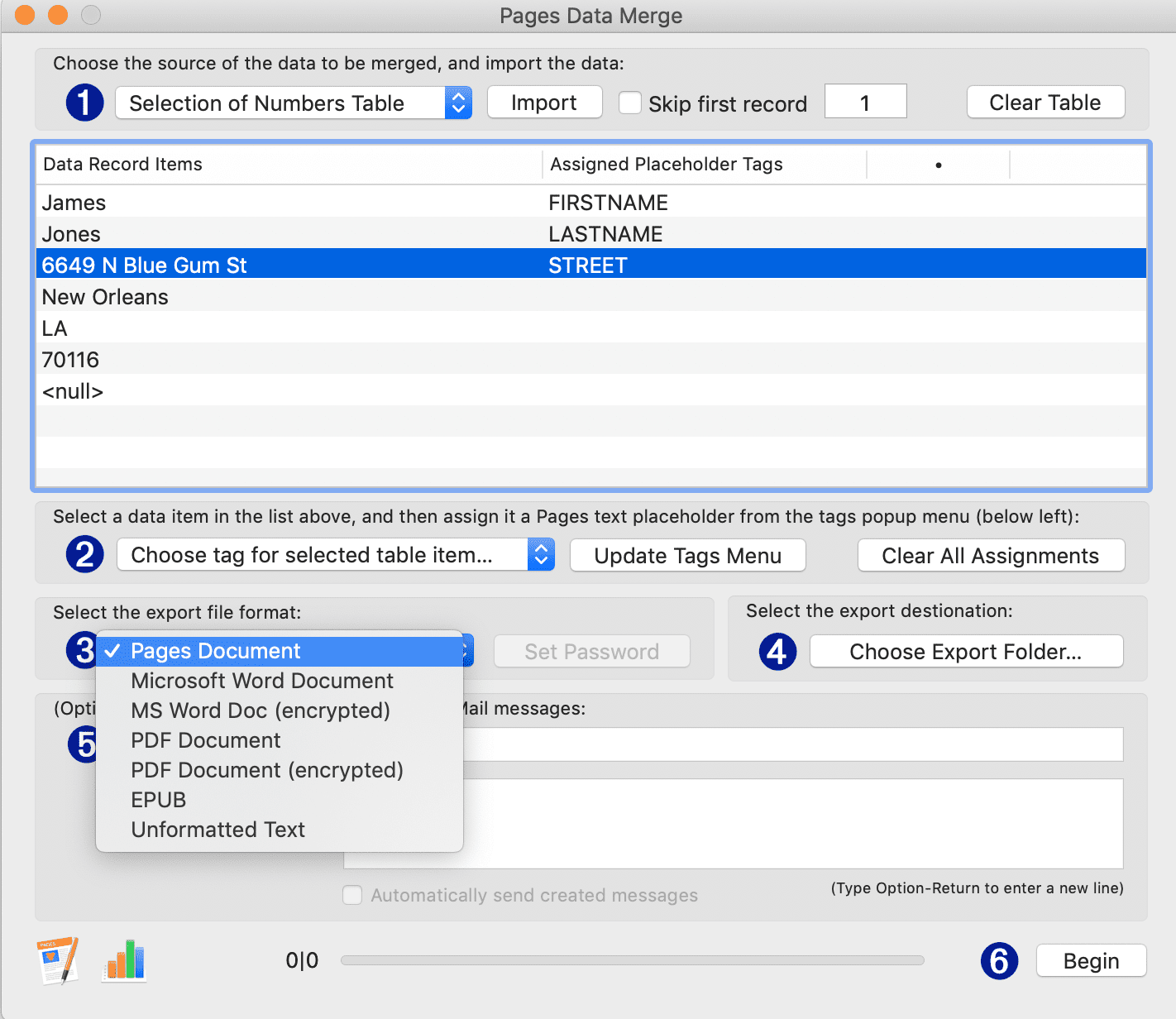 Výběr formátu souboru v aplikaci Pages Data Merge