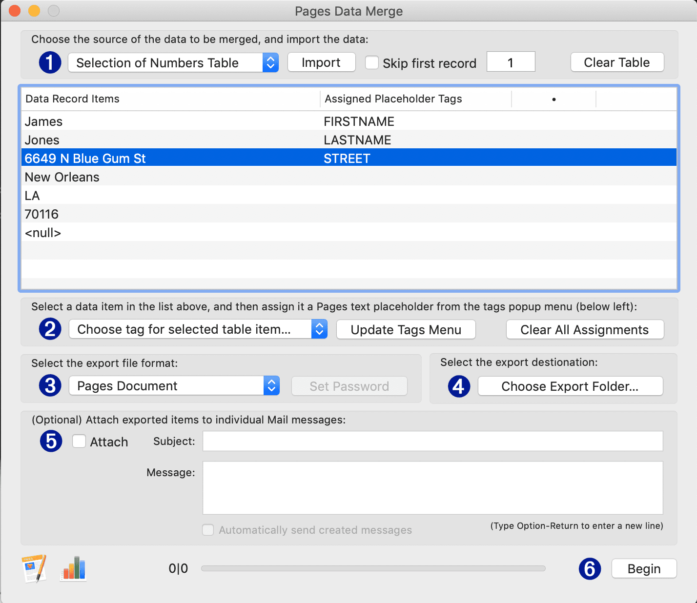 Přiřazení zástupných značek v aplikaci Pages Data Merge