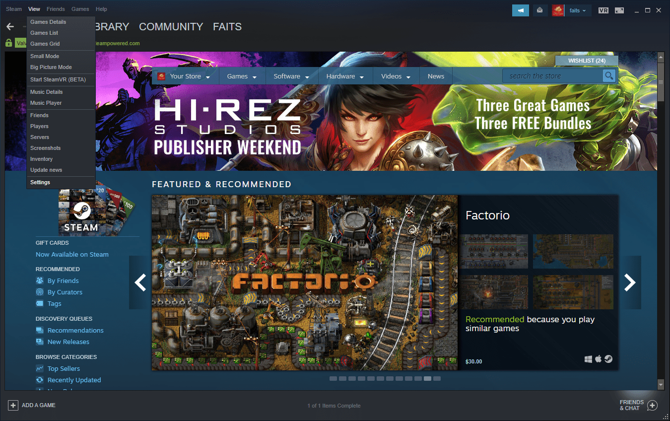 Snímek obrazovky nabídky Zobrazit ve službě Steam.