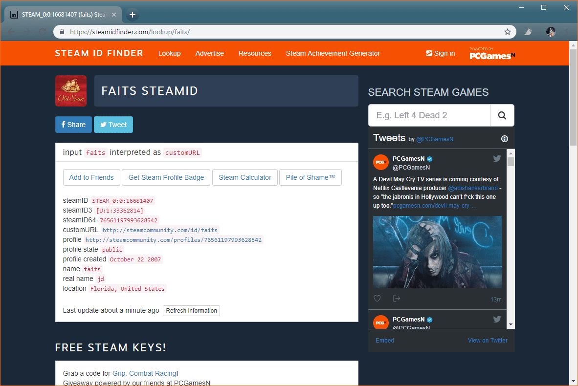 Snímek obrazovky SteamID generovaného z vlastní adresy URL na webu vyhledávače SteamID.