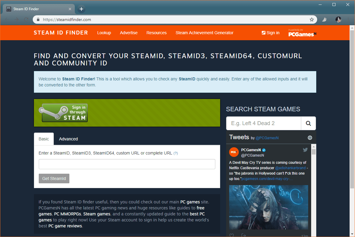 Snímek obrazovky vyhledávače SteamID.