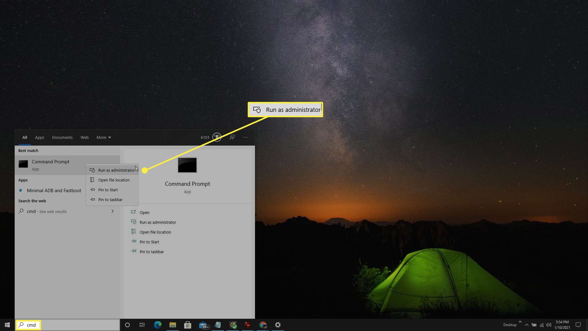 Spuštění příkazového řádku v režimu správce ve Windows 10.