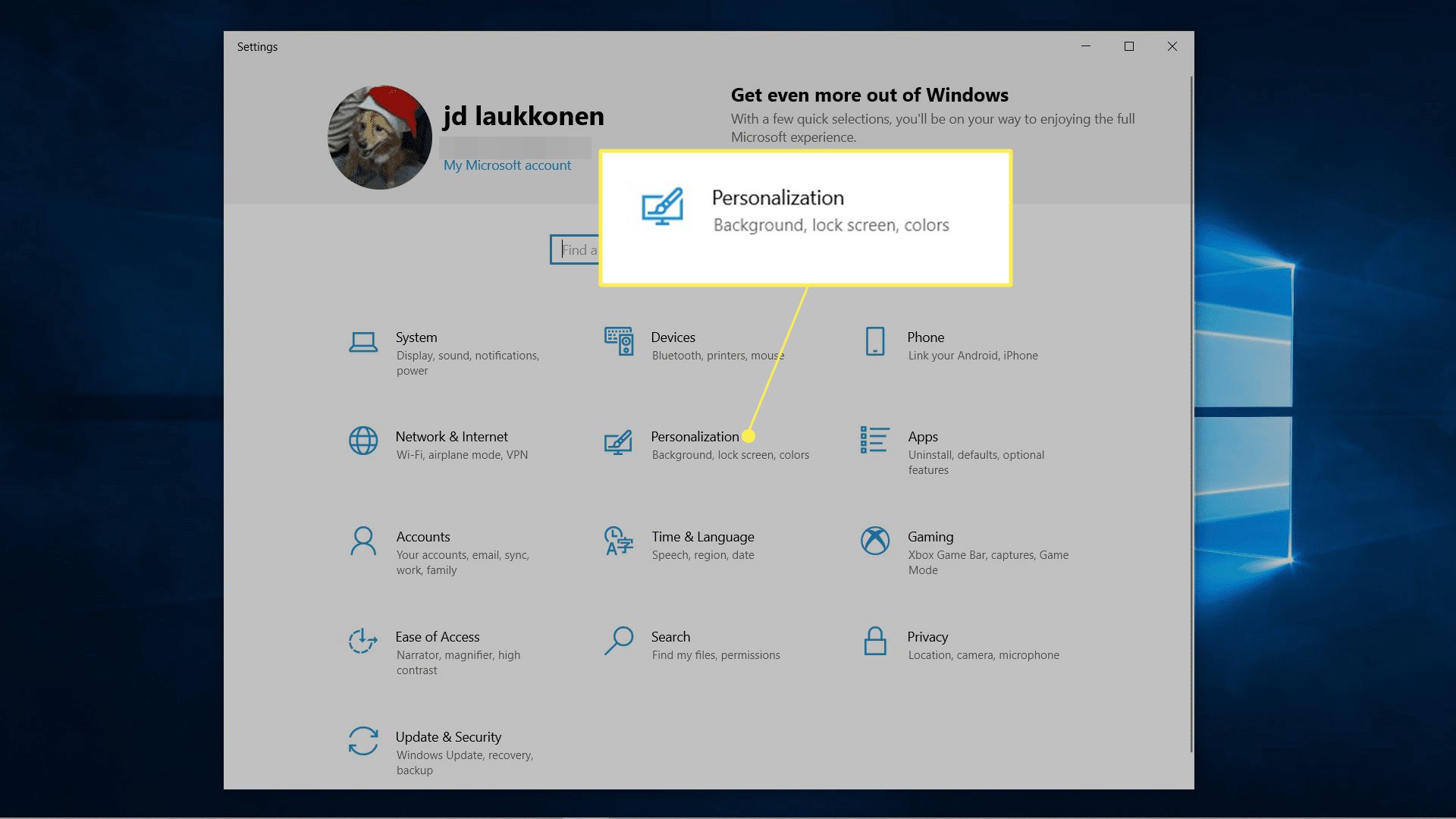 Personalizace je zvýrazněna v nastavení Windows 10.