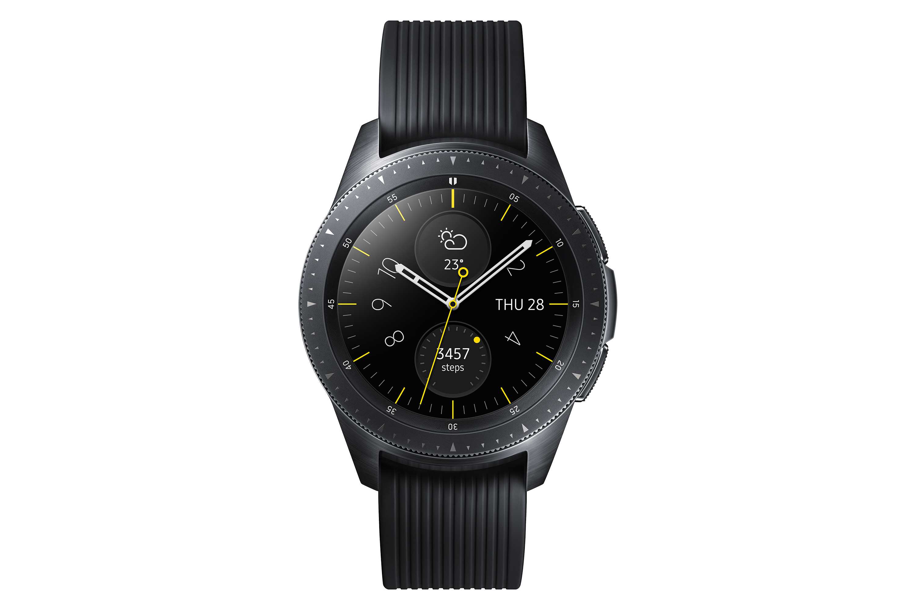 Černé hodinky Samsung Galaxy ve velikosti 42 mm.