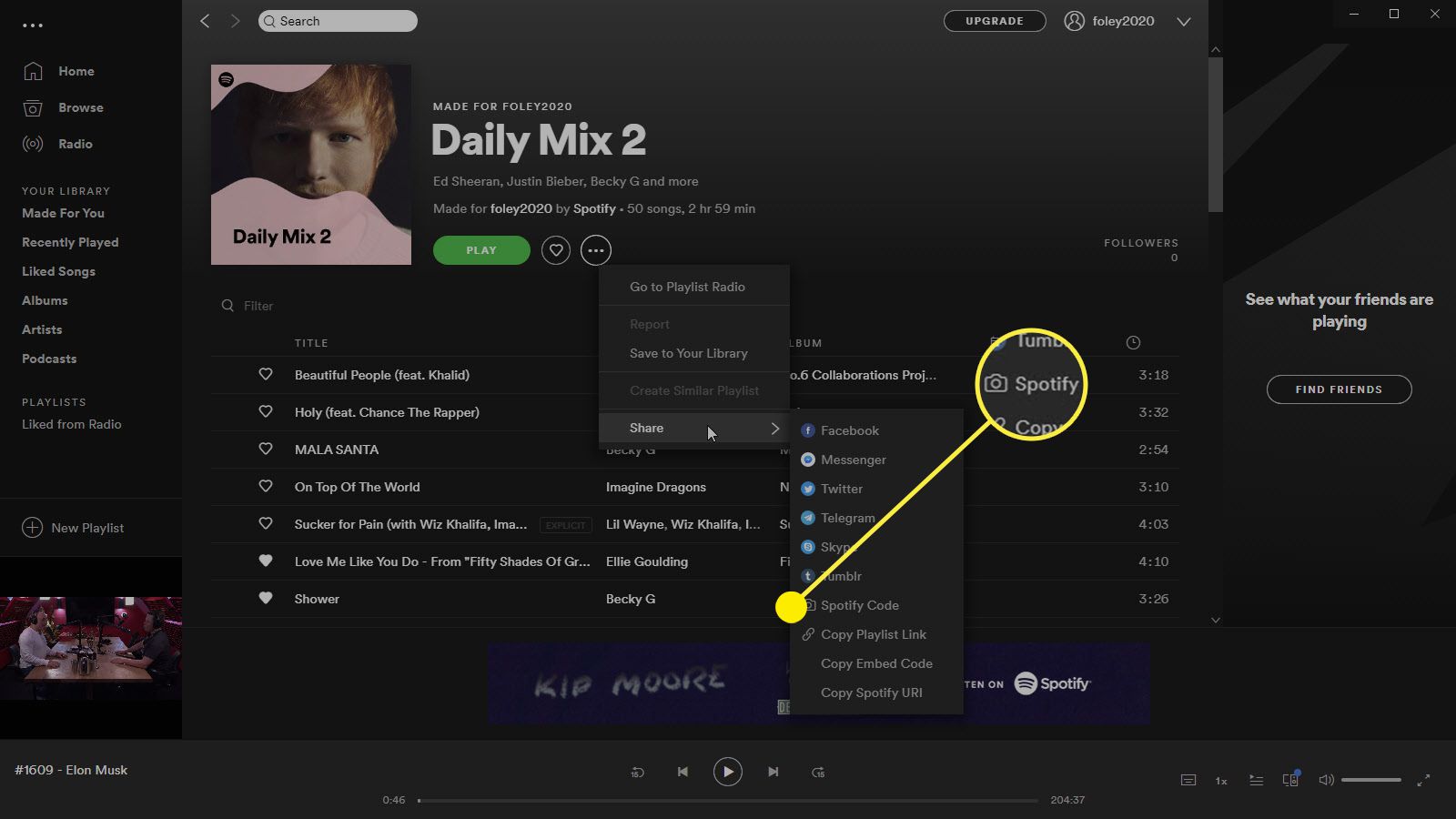 Desktopová aplikace Spotify s vyvolanou možností Spotify Code.