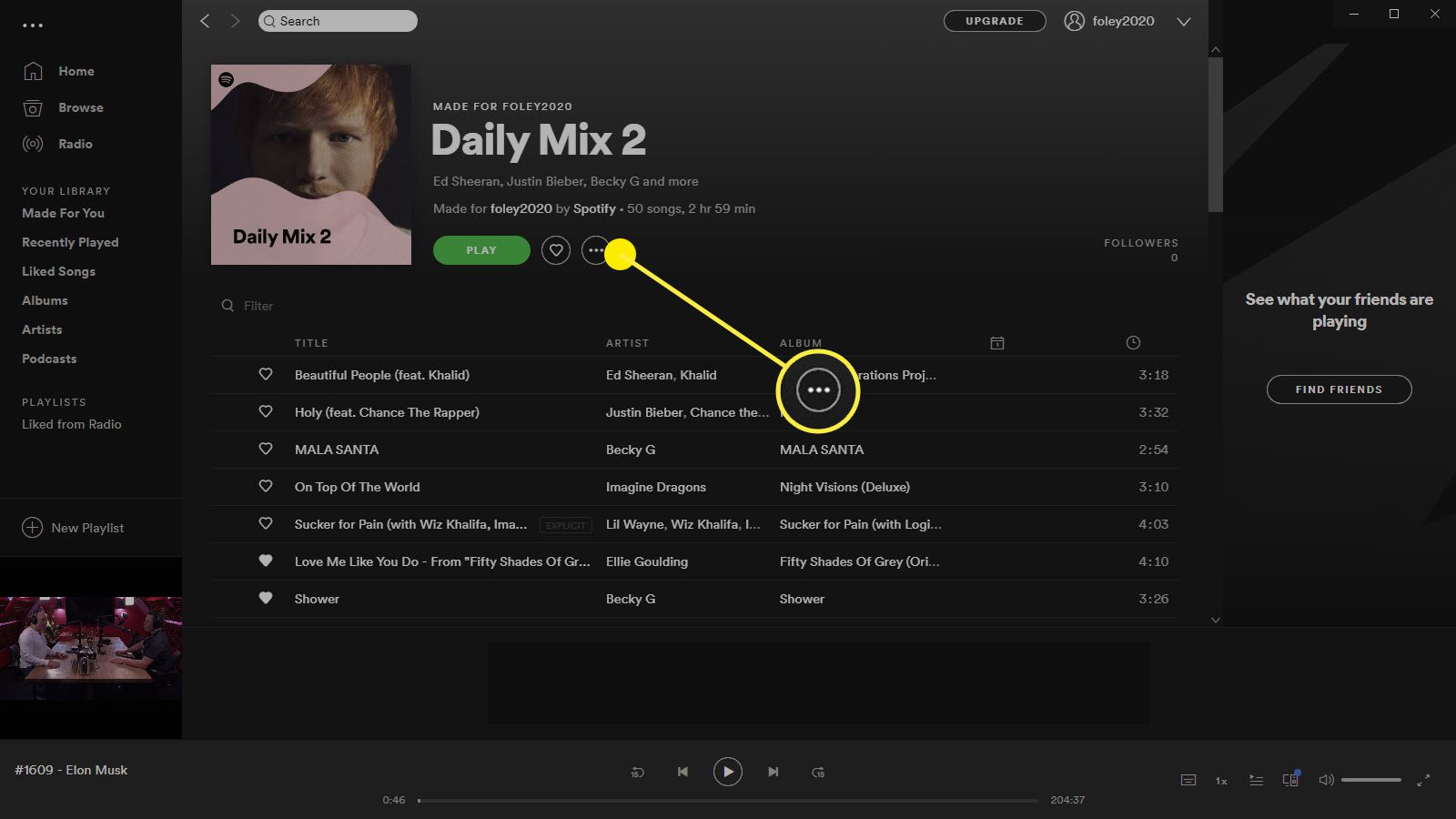 Screenshot ze Spotify, který vyvolává nabídku se třemi tečkami.