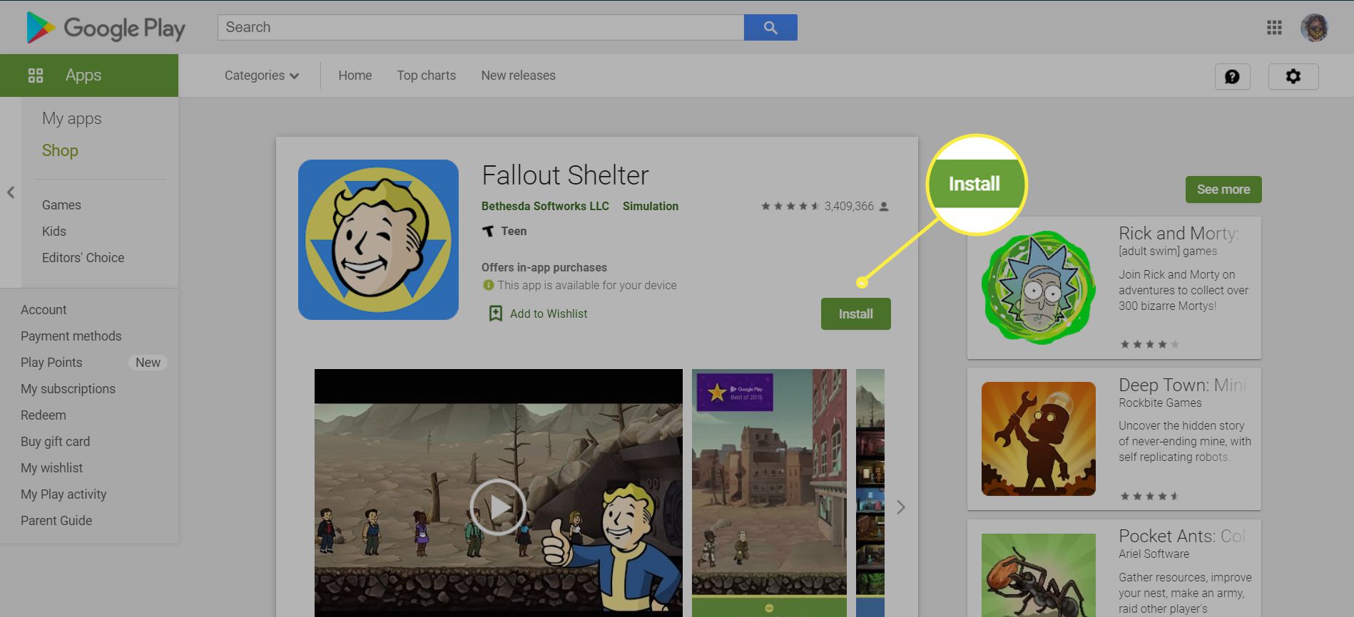 Uživatel počítače si nainstaluje hru „Fallout Shelter“ z obchodu Google Play