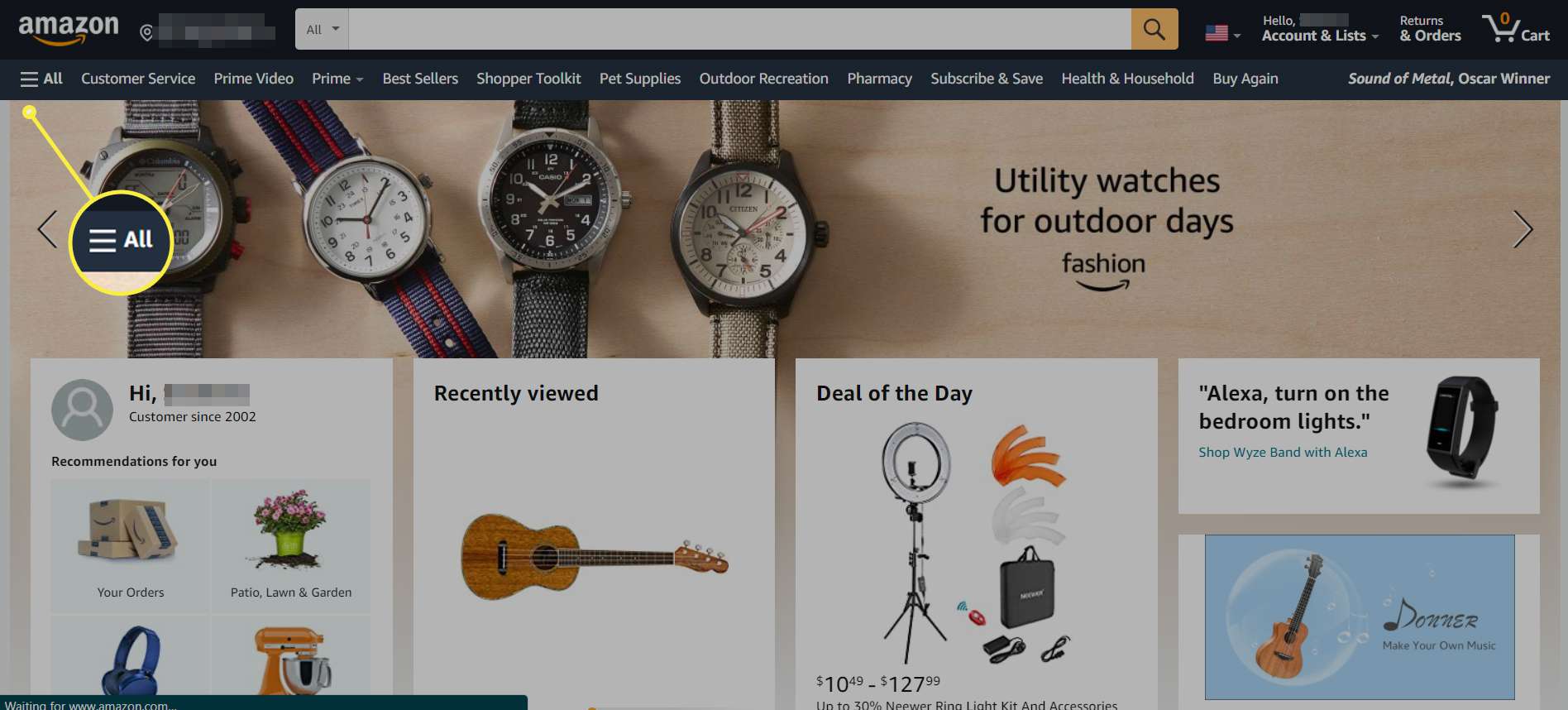 Domovská stránka Amazonu se zvýrazněnou ikonou nabídky Vše