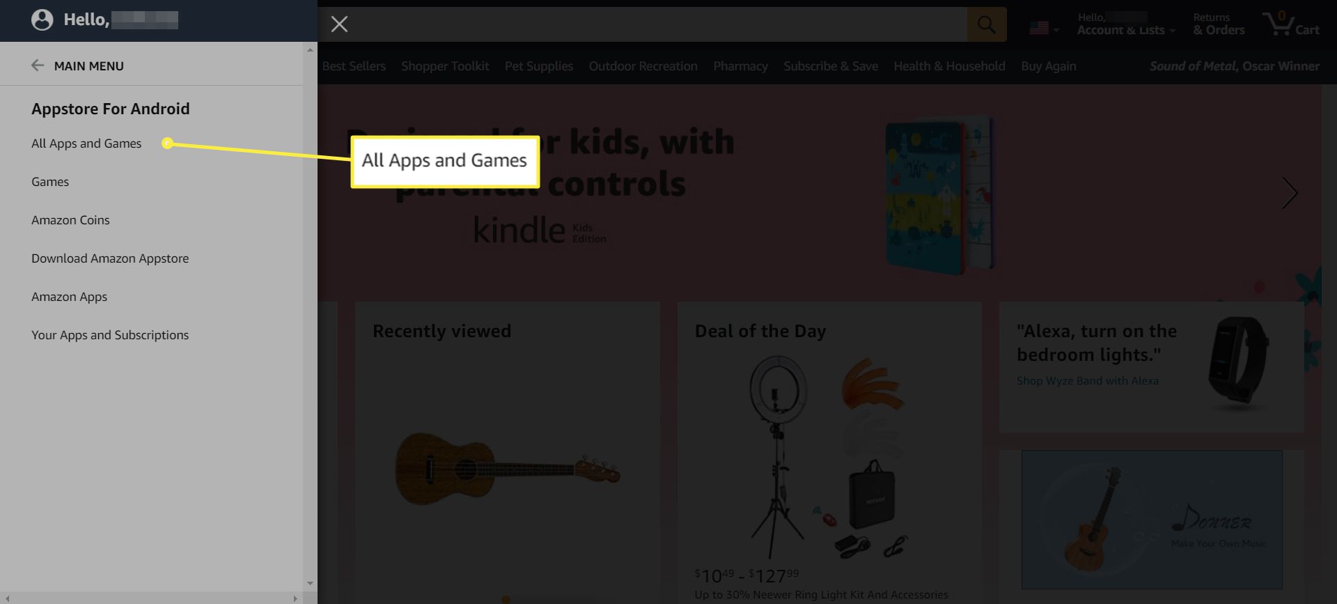 Web Amazon se zobrazenou nabídkou Vše a zvýrazněním položky „Všechny aplikace a hry“