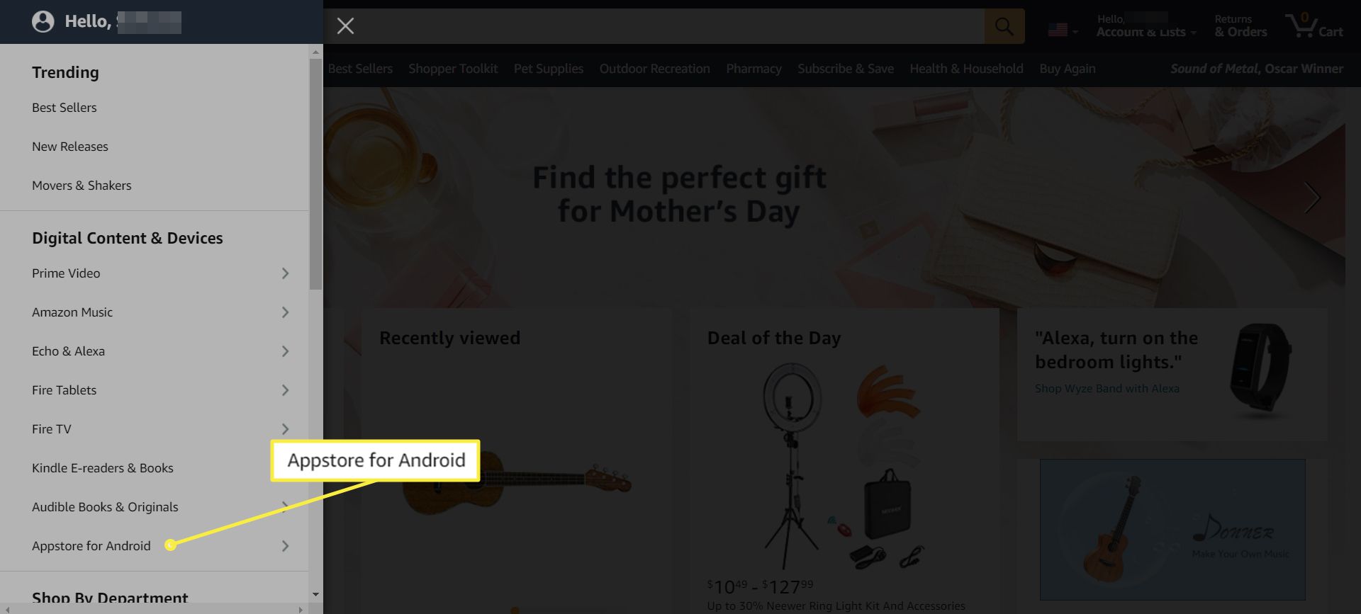 Web Amazon se zobrazenou nabídkou Vše a zvýrazněným „Appstore pro Android“