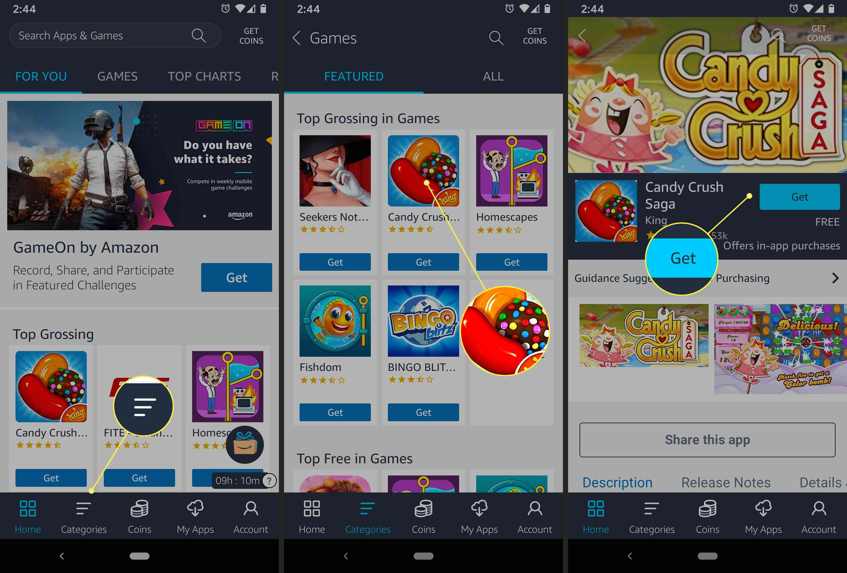 Uživatel obchodu Amazon Appstore kupuje kopii hry „Candy Crush Saga“