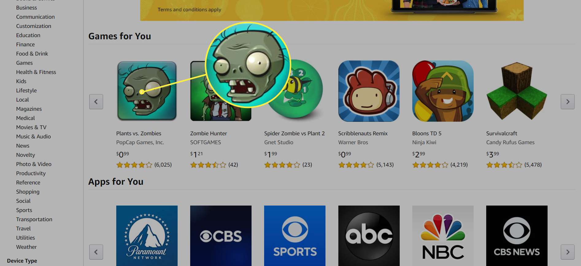 Amazon App Store se zvýrazněnou hrou „Plants vs. Zombies“