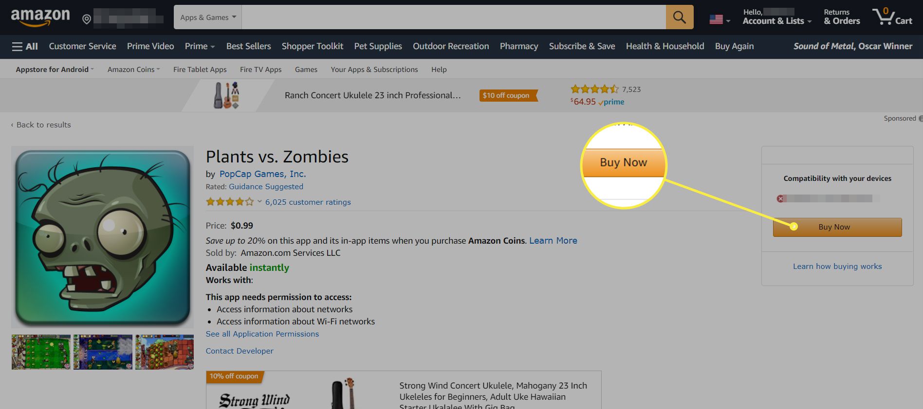 Je zobrazen web Amazon se stránkou se seznamem pro hru „Plants vs. Zombies“.  Tlačítko Koupit nyní je zvýrazněno.