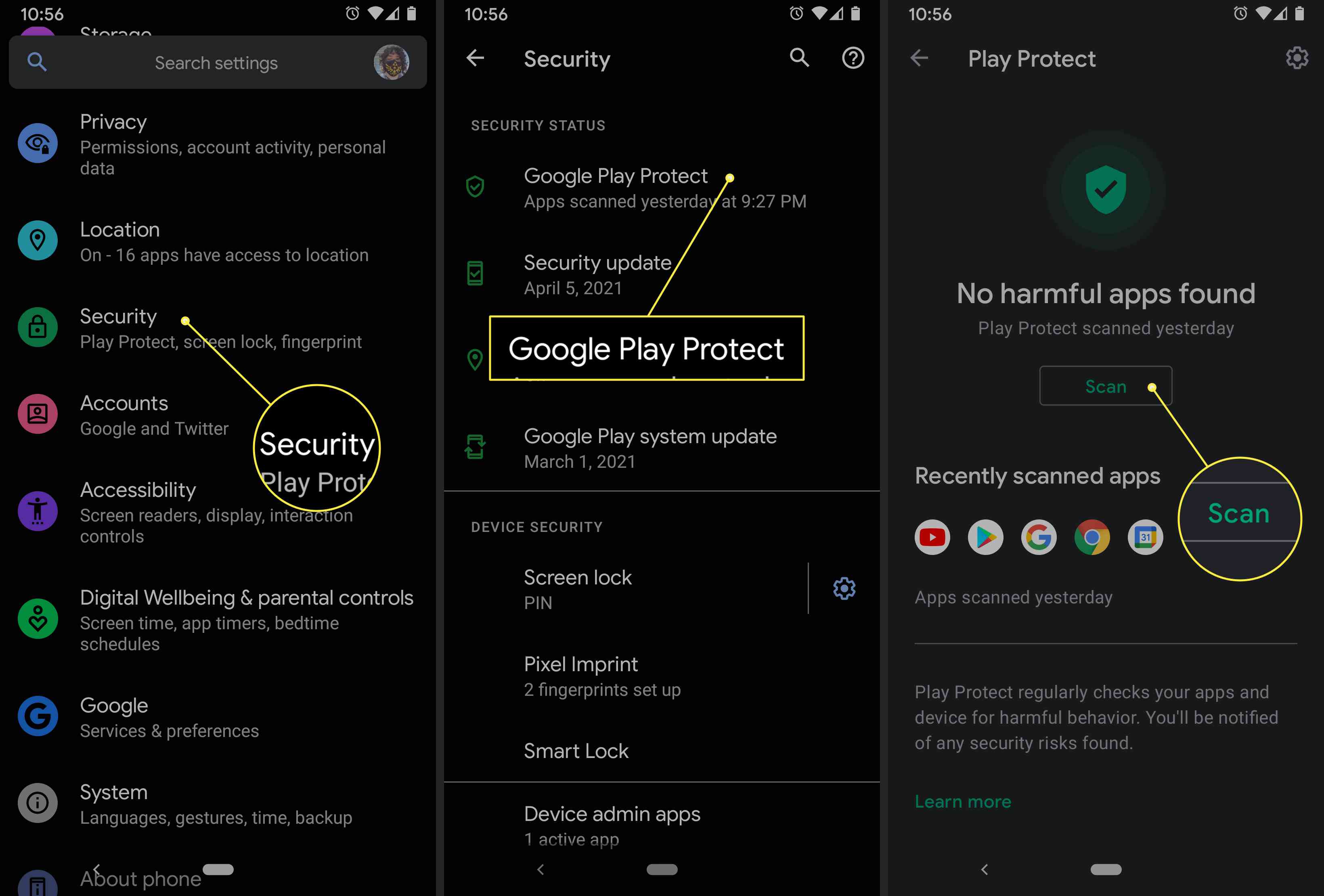 Uživatel Androidu přistupuje k nastavení Google Play Protect