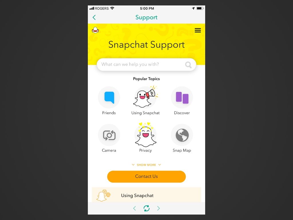 Snímek obrazovky aplikace Snapchat pro iOS.