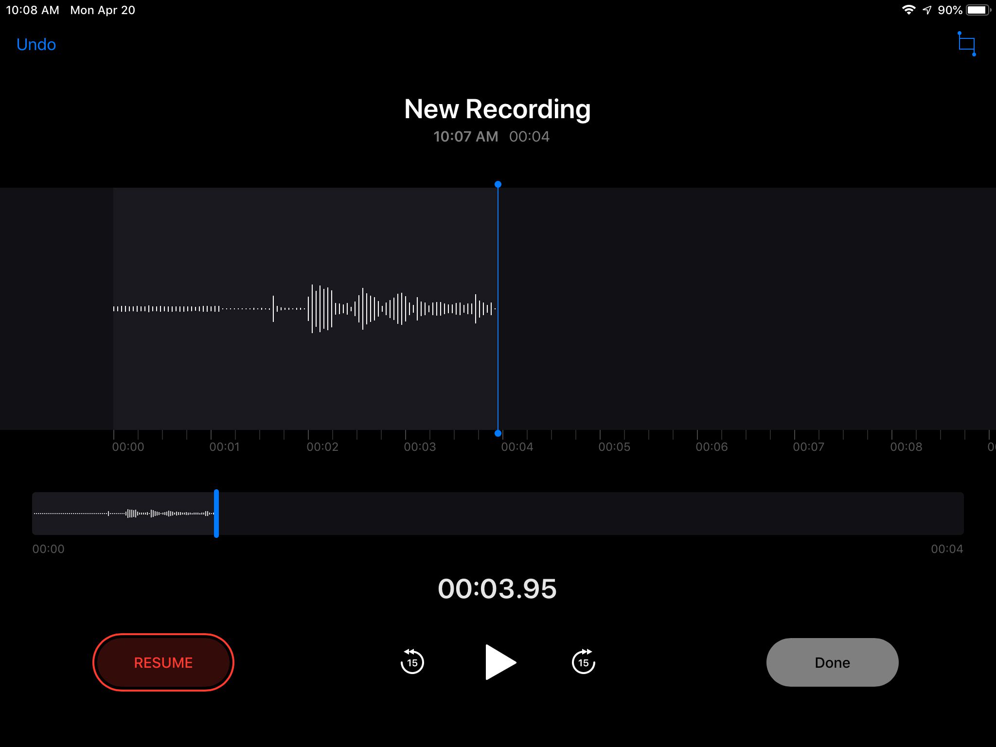 Obrazovka nahrávání aplikace Hlasové poznámky na iPadu