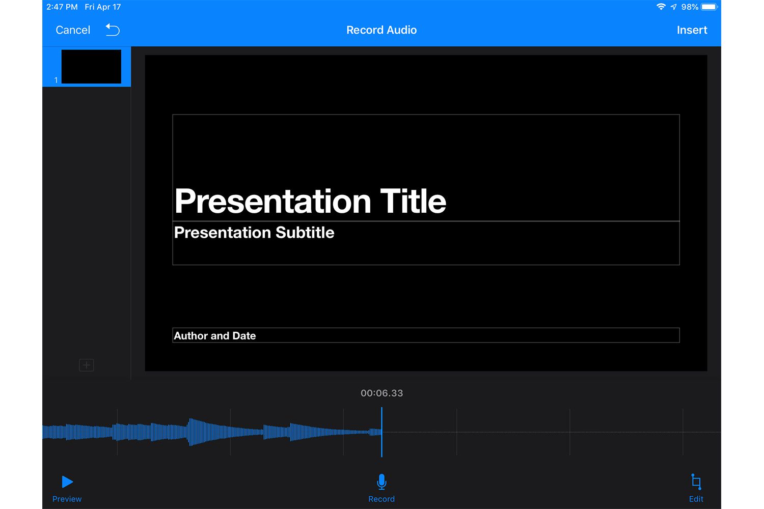 Obrazovka nahrávání v Keynote pro iPad