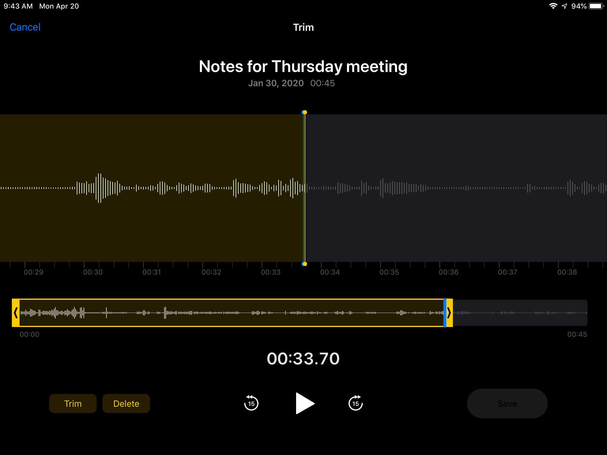 Oříznutí obrazovky aplikace Voice Memos na iPadu