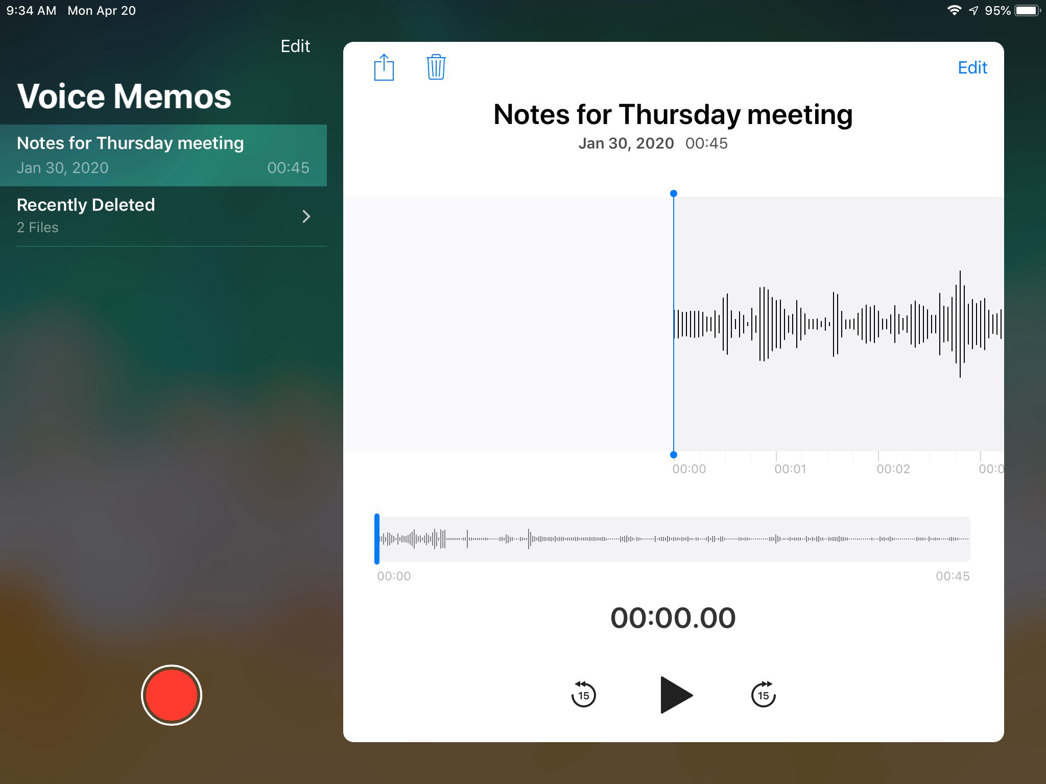 Obrazovka Hlasové poznámky na iPadu