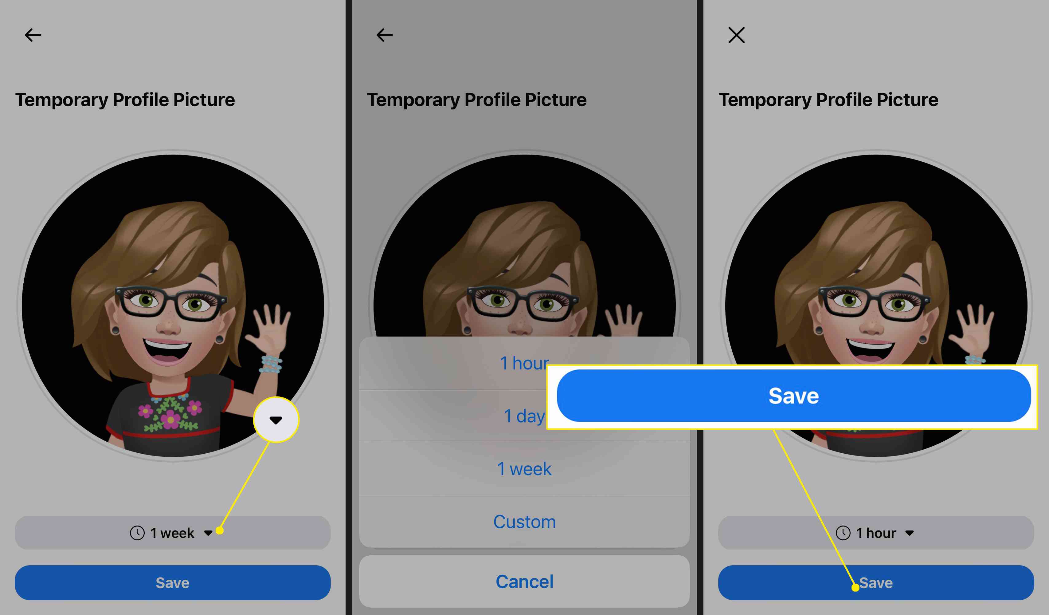 Pomocí šipky dolů vyberte časové období, ve kterém bude váš avatar ponechán jako profilový obrázek, a potom klepněte na Uložit.