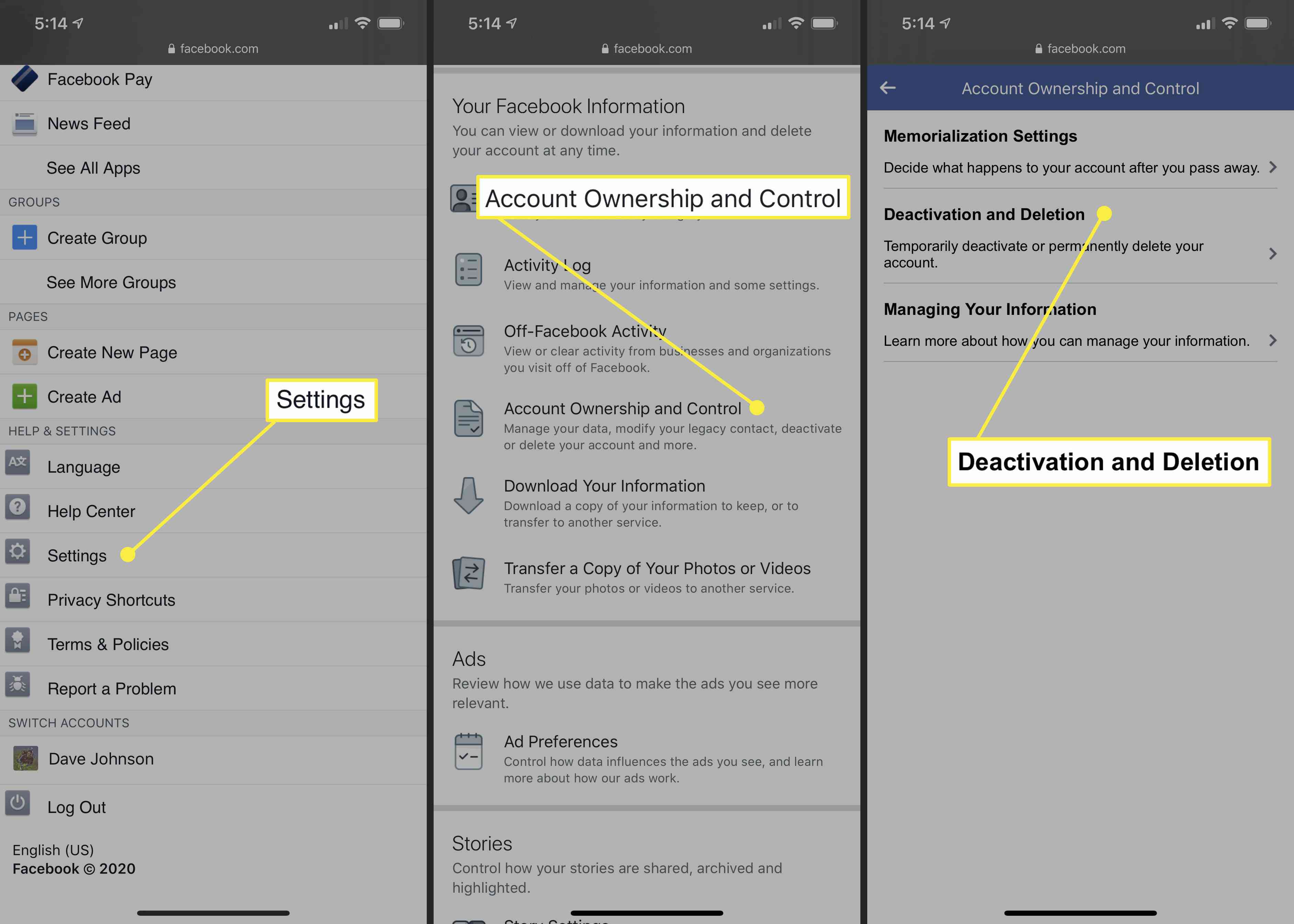 Kroky potřebné k deaktivaci účtu Facebook v mobilním prohlížeči.