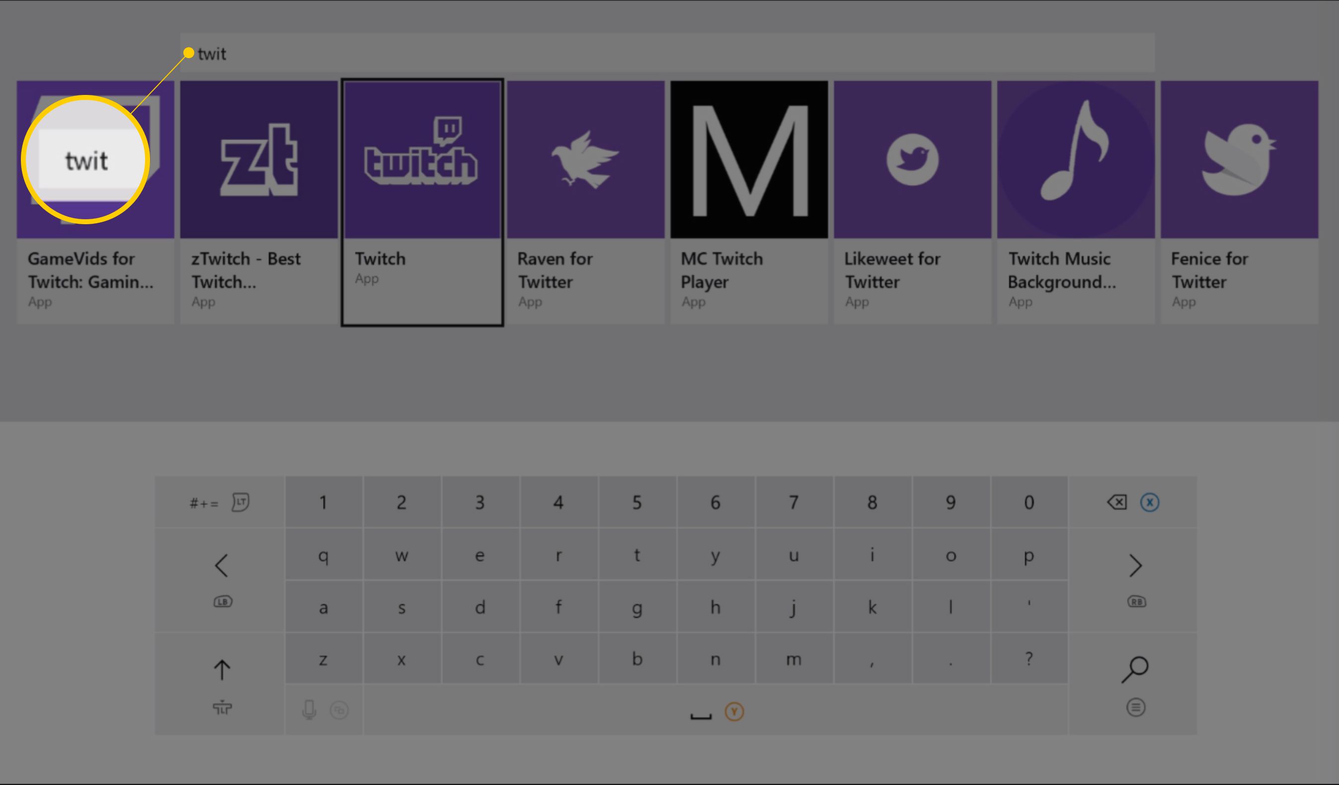Aplikace Twitch ve vyhledávacím poli na Xbox One