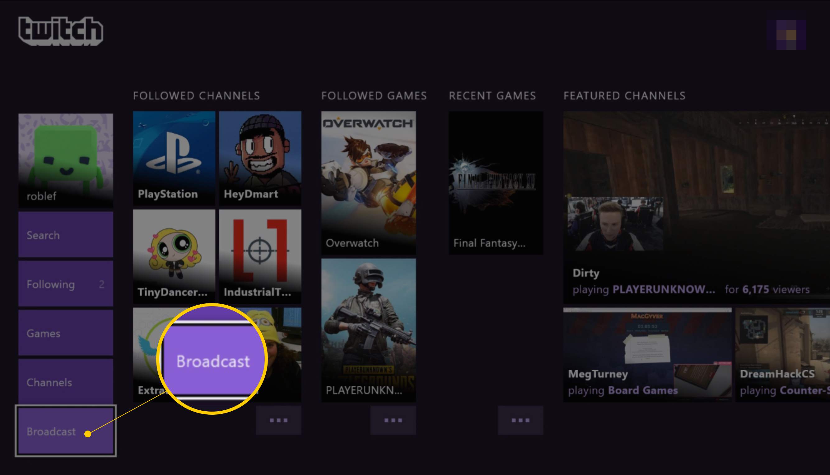 Tlačítko vysílání v aplikaci Twitch na Xbox One