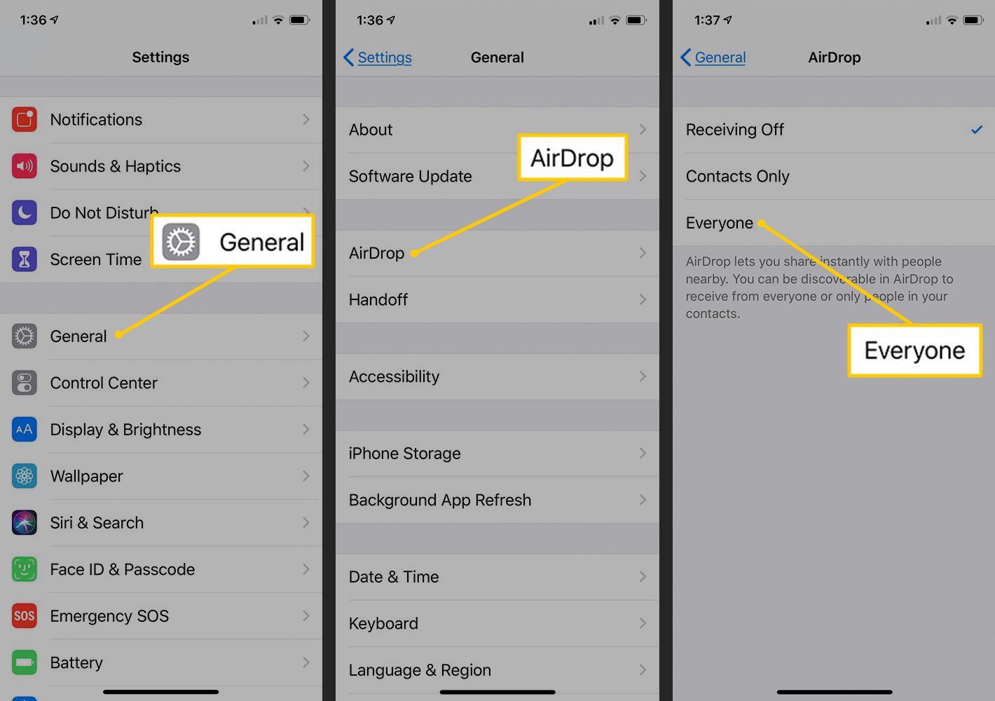 Možnosti Obecné, AirDrop, Všichni v Nastavení iOS