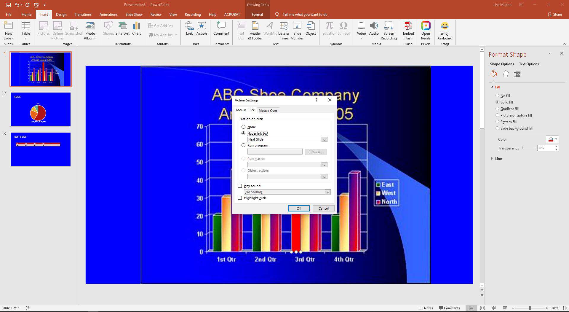 PowerPoint zobrazující dialog Nastavení akcí.