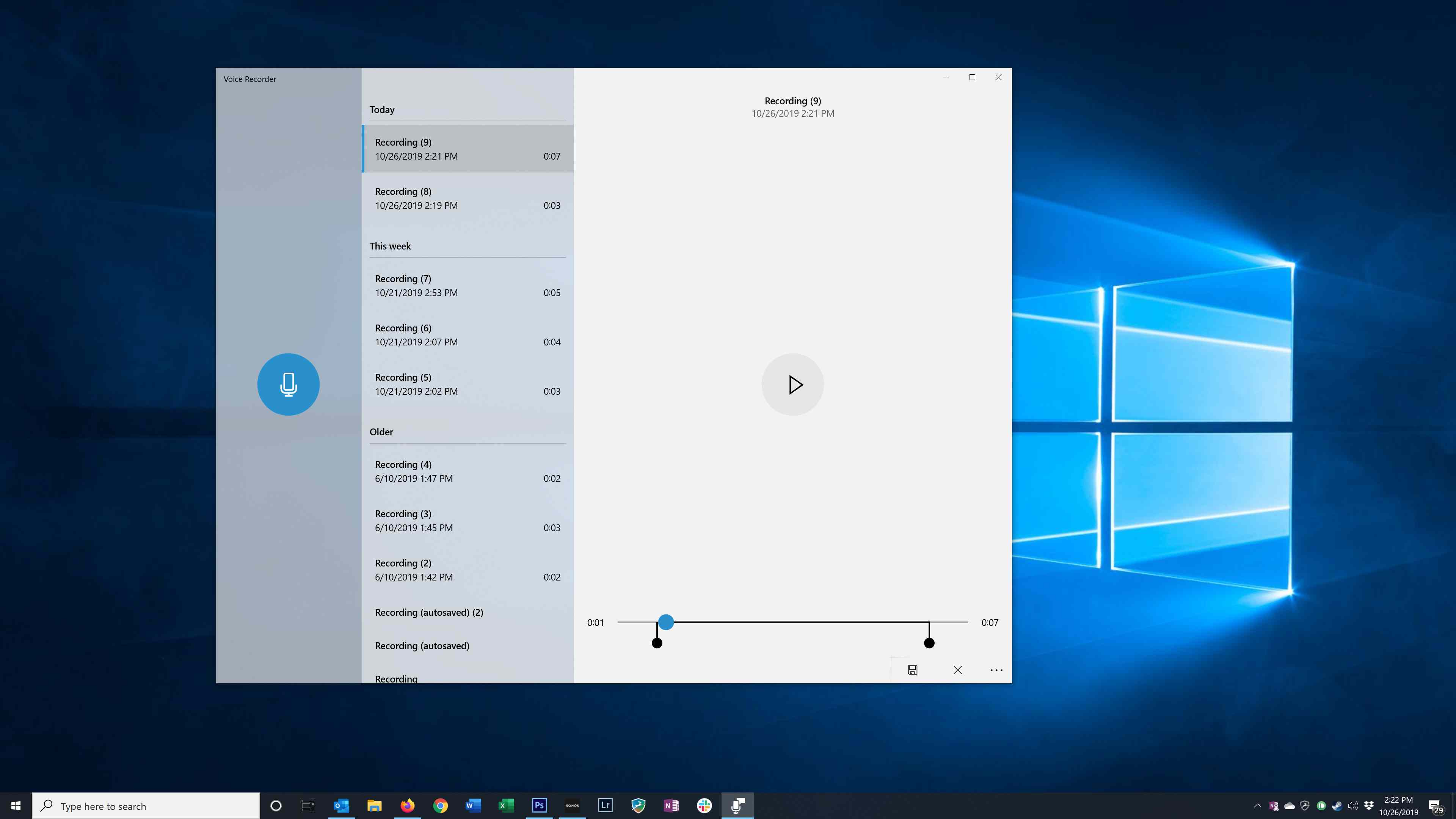 Ořezávání zvuku v aplikaci Windows Voice Recorder