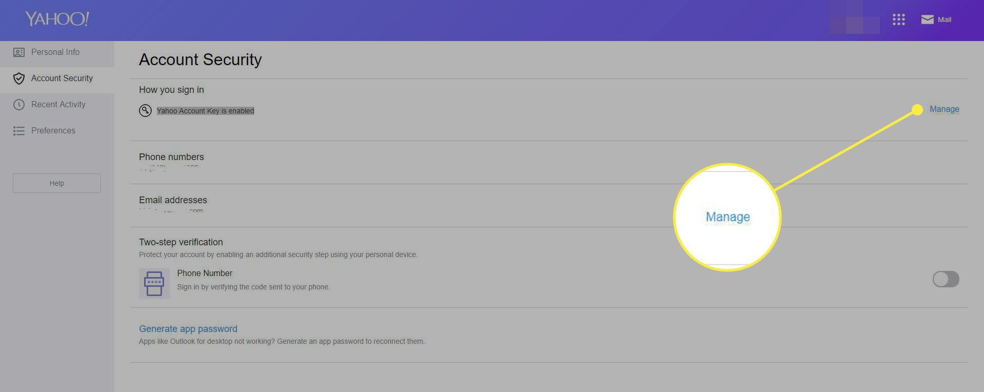 Screenshot obrazovky Zabezpečení účtu Yahoo Mail se zvýrazněným odkazem Spravovat