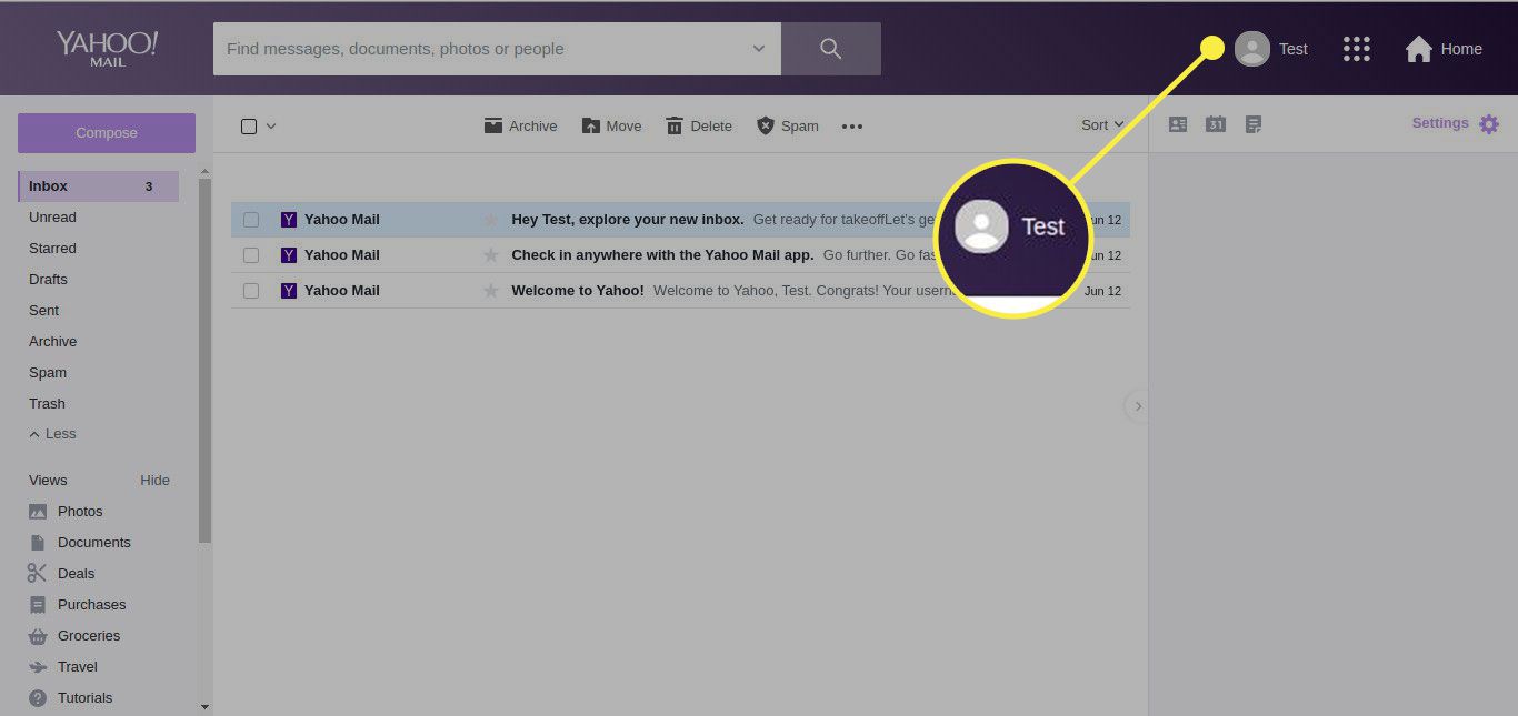 Snímek obrazovky doručené pošty Yahoo Mail se zvýrazněnou ikonou Profil