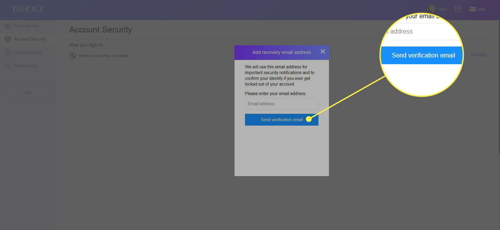 Snímek obrazovky zabezpečení účtu Yahoo s "Odeslat ověřovací e-mail" tlačítko zvýrazněno