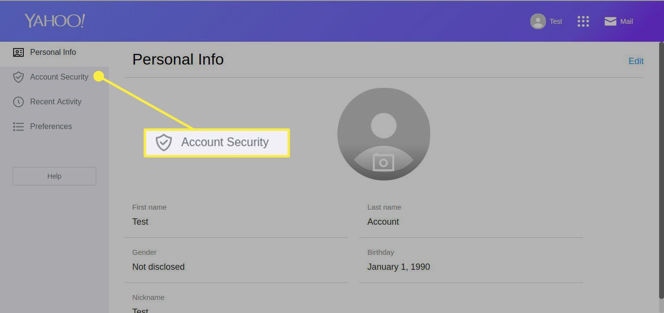 Snímek obrazovky s nastavením Yahoo Mail se zvýrazněnou částí Zabezpečení účtu