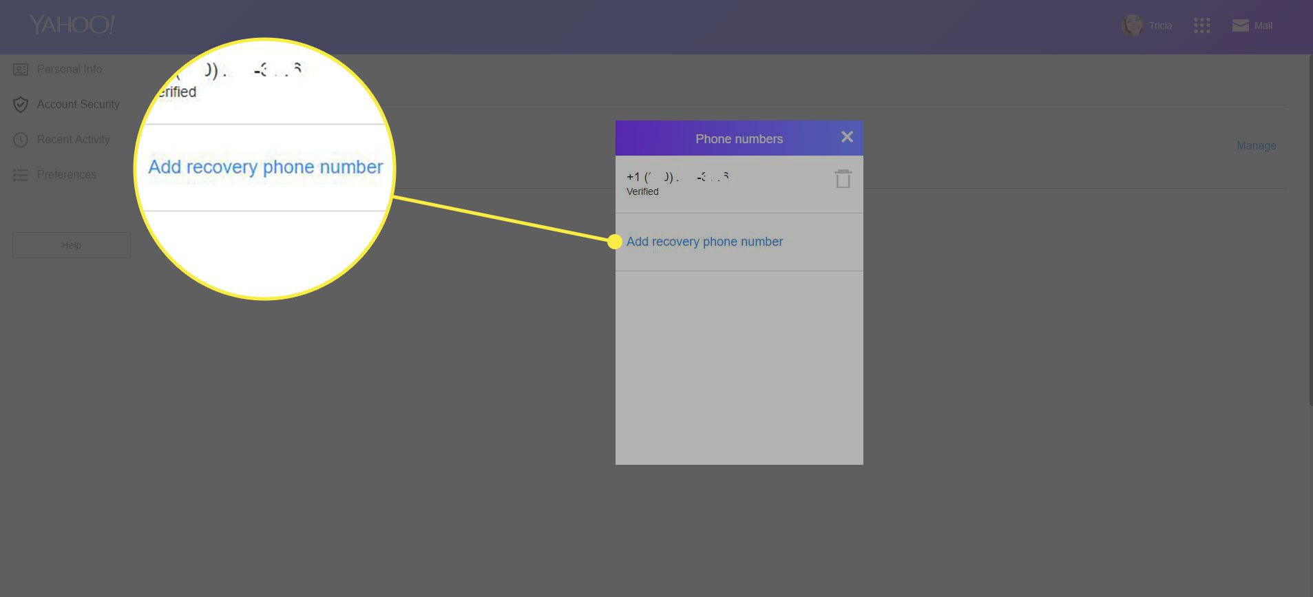 Snímek obrazovky Zabezpečení účtu Yahoo Mail se zvýrazněným tlačítkem Přidat telefonní číslo pro obnovení