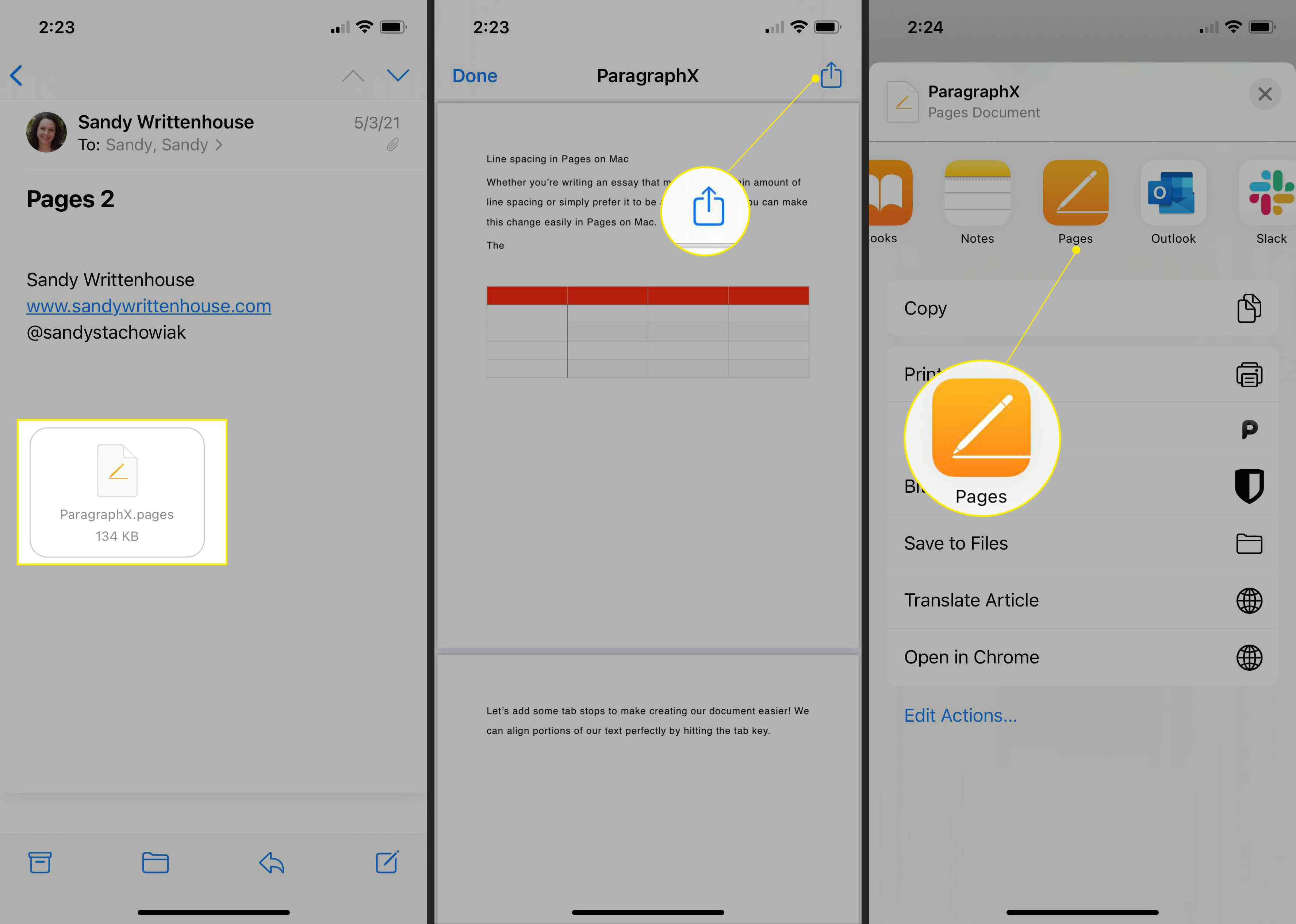 Aplikace Stránky iOS se zvýrazněním Sdílet a Stránky