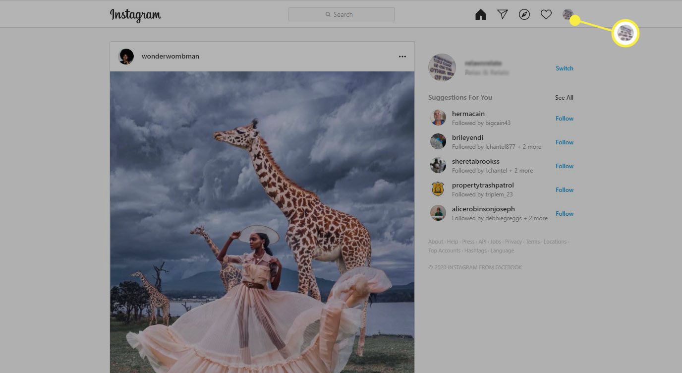 Instagram - ikona profilu v pravém horním rohu na webu