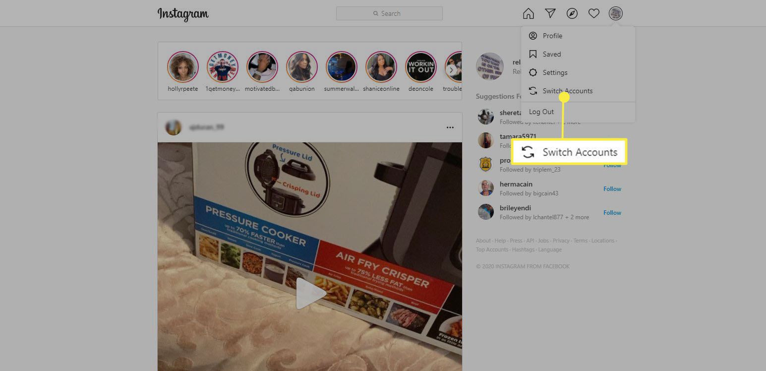 Instagram - klikněte na profilový obrázek a vyberte Přepnout účty