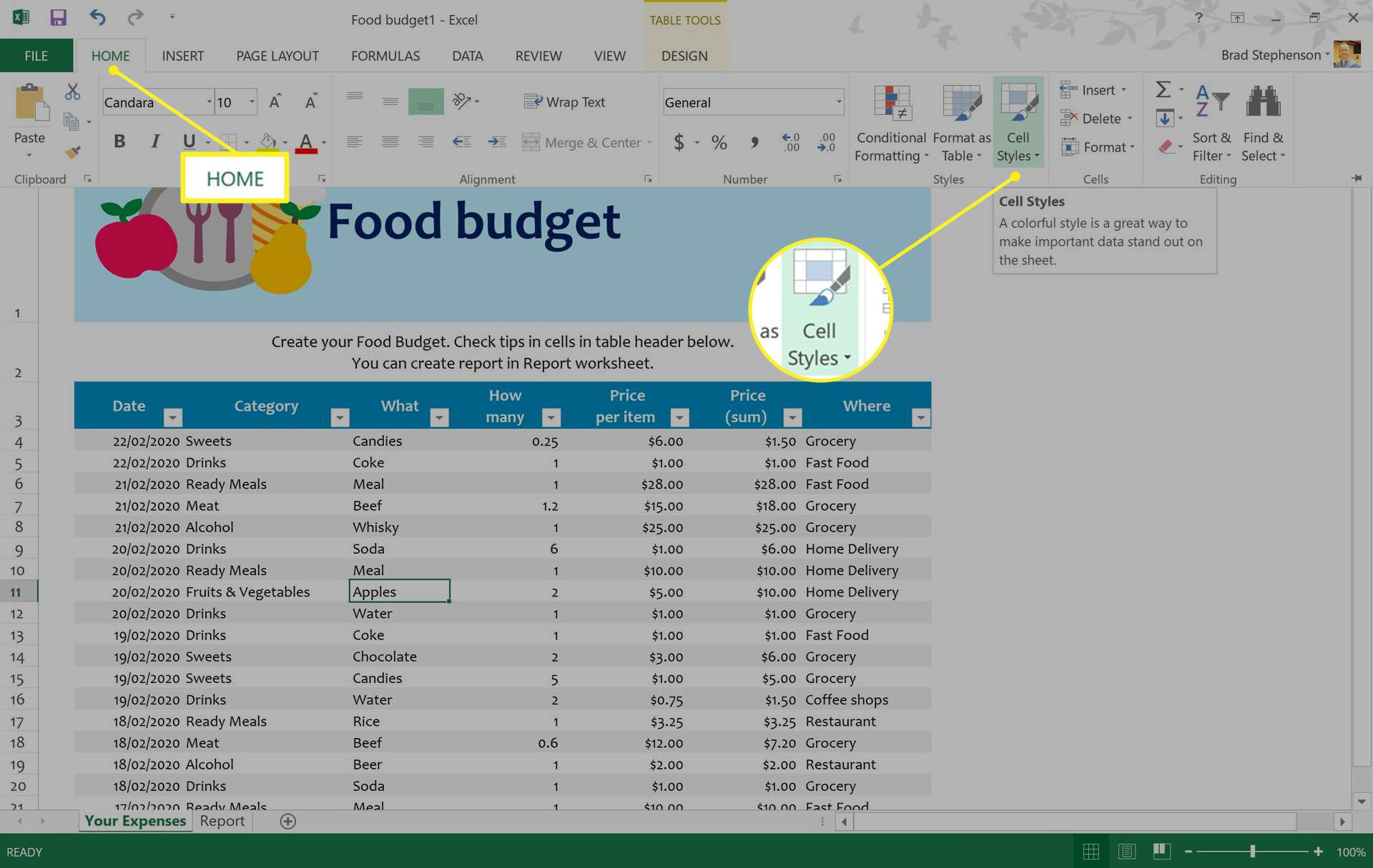 Karta Domů v aplikaci Excel se zvýrazněnými styly buněk