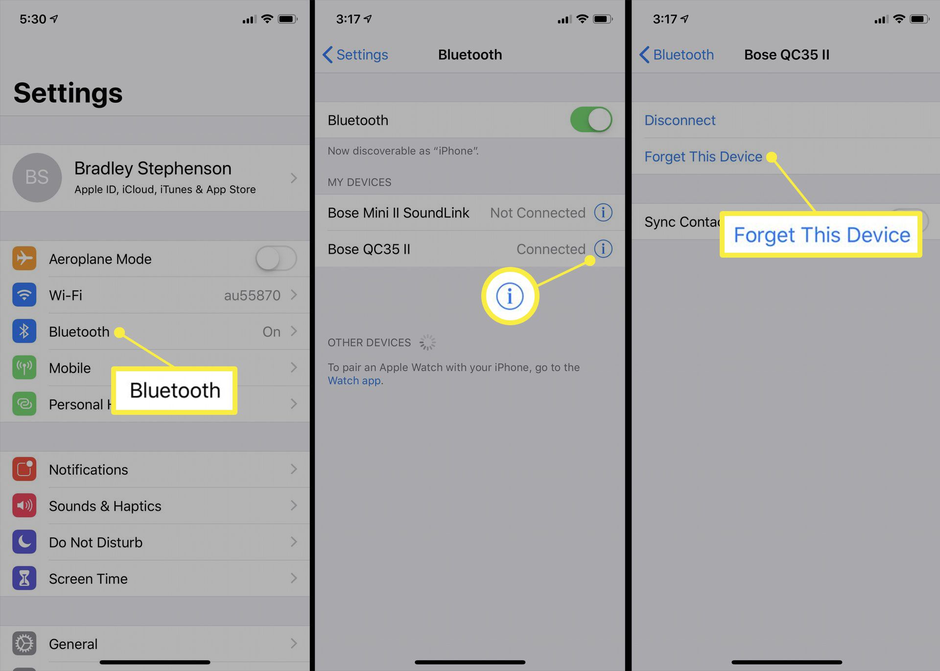 Nastavení Bluetooth zařízení iOS.