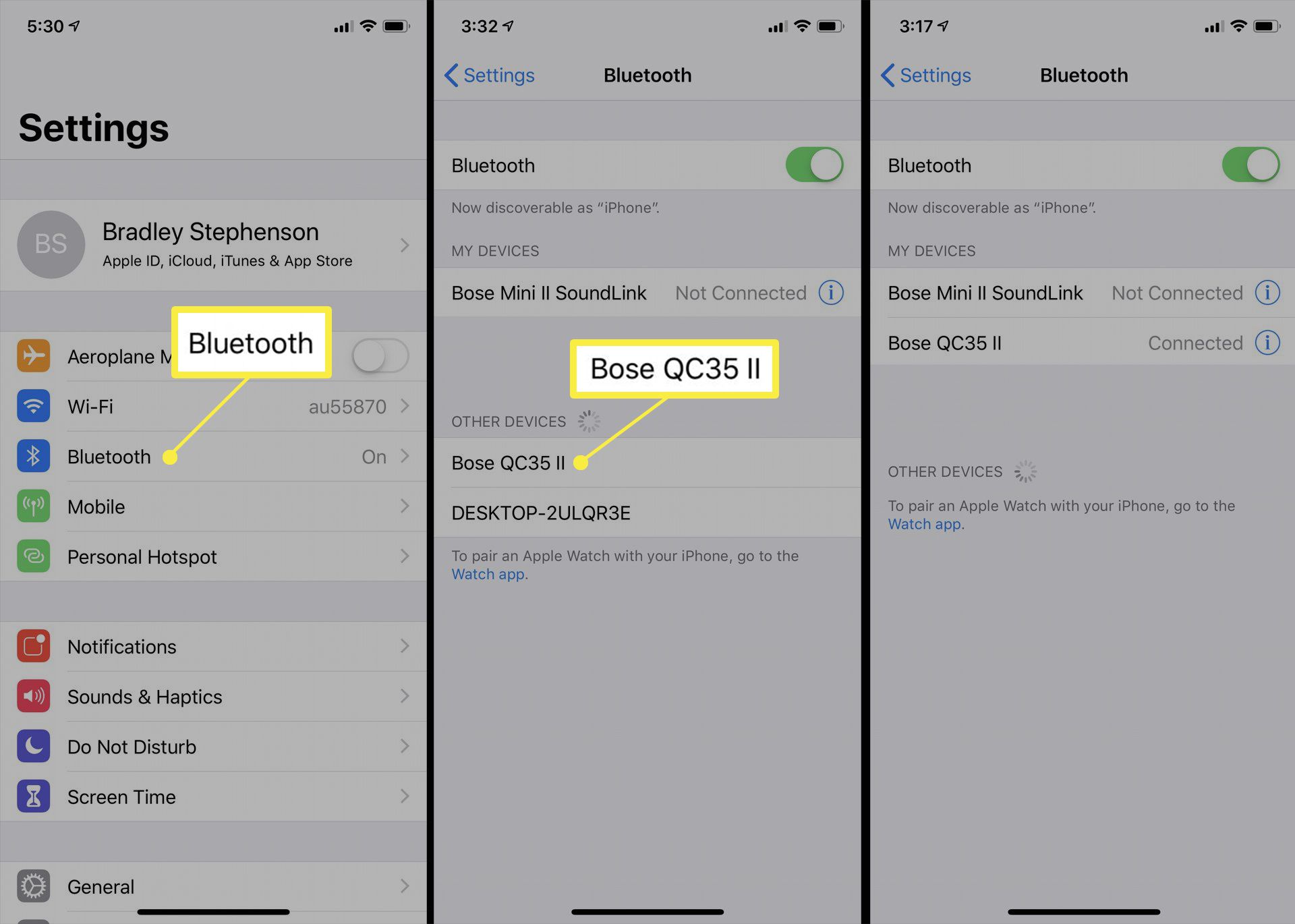 Nastavení Bluetooth v systému iOS.