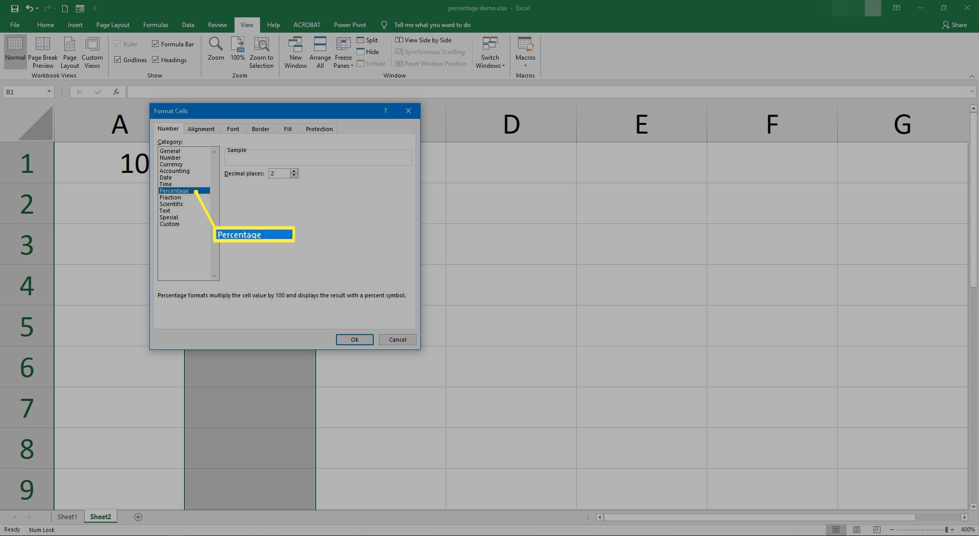 Nastavení formátu buňky na procenta v aplikaci Excel