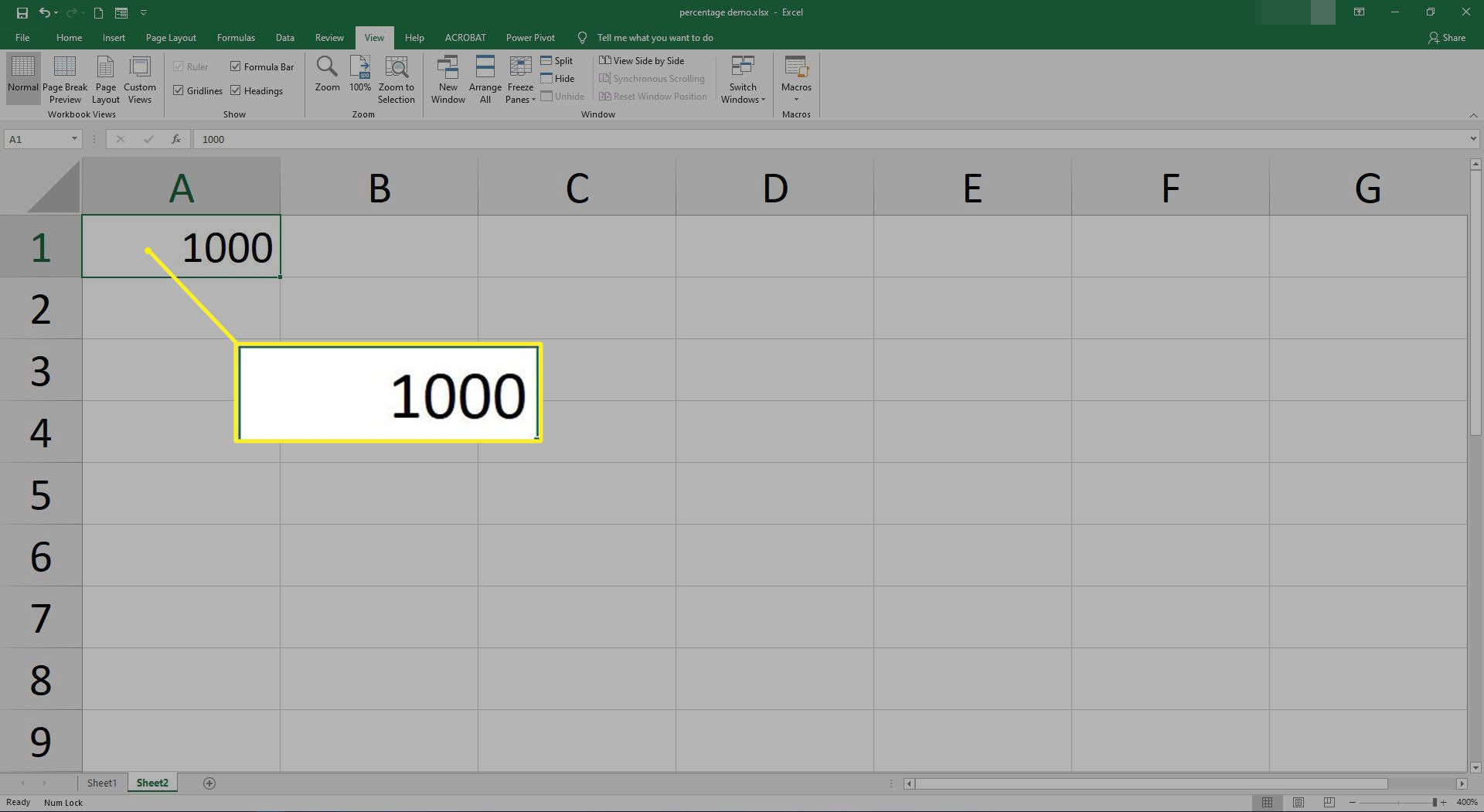 Číslo 1000 v buňce A1 v aplikaci Excel