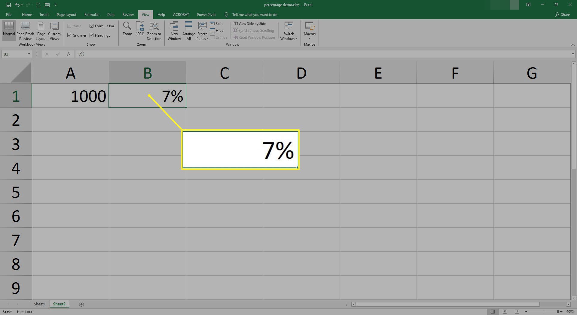 Číslo 7% je v buňce B1 v aplikaci Excel