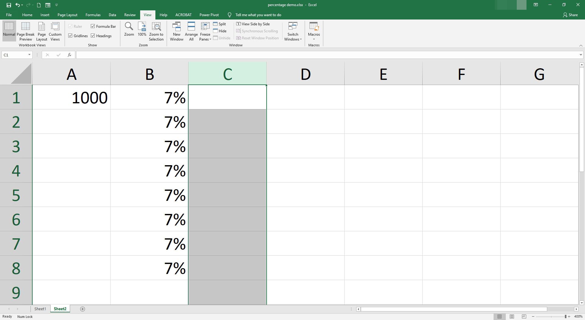 Sloupec C je vybrán v aplikaci Excel.