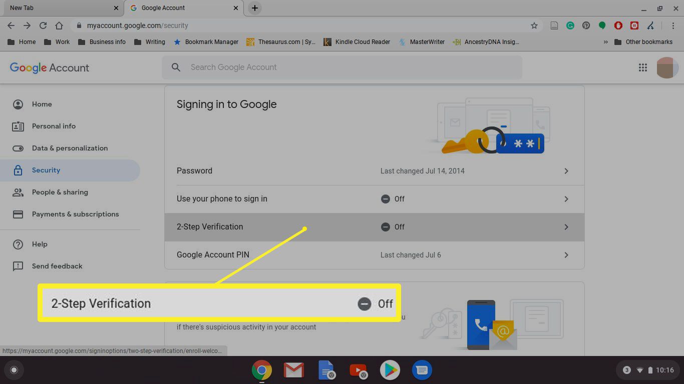 Výběr dvoufázového ověření v Google Chrome pro Chromebook